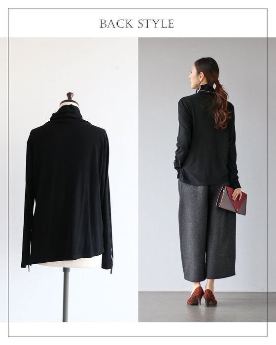 袖にひとさじ、モードなエッジ タートルネックトップス