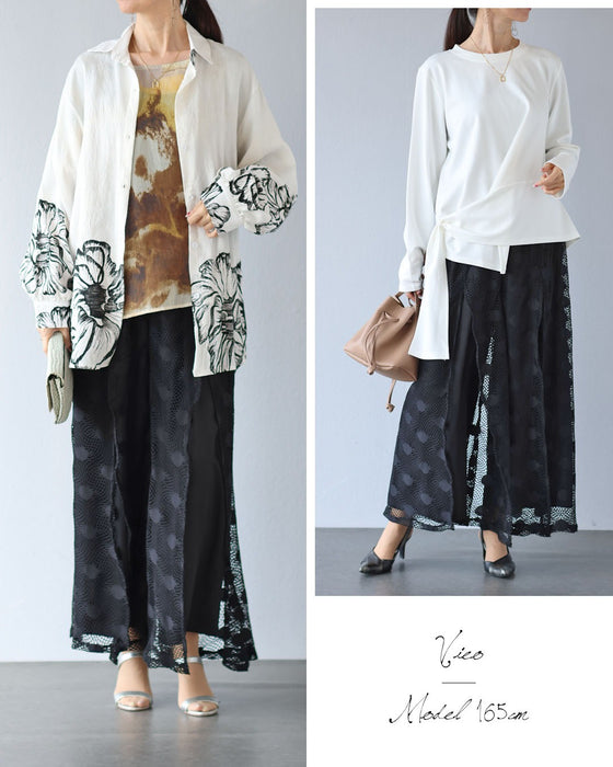 黒パンツに華やぎをひとさじ 主役へ導くレースパンツ