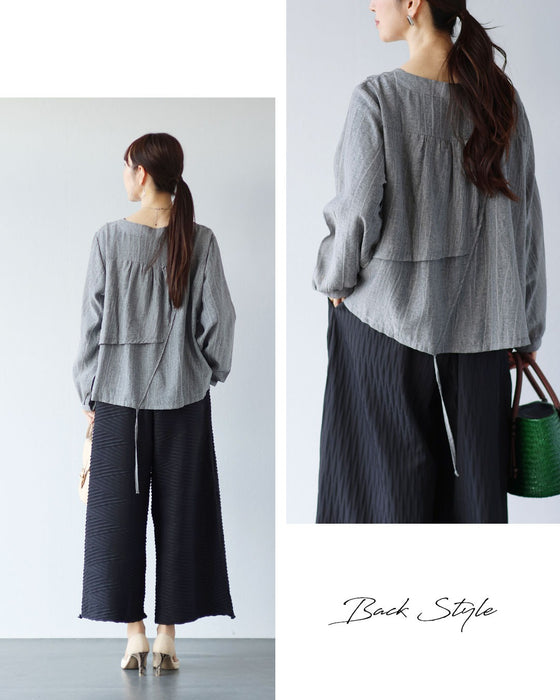 洗練されたニュアンスグレー　ストライプ切り替えトップス