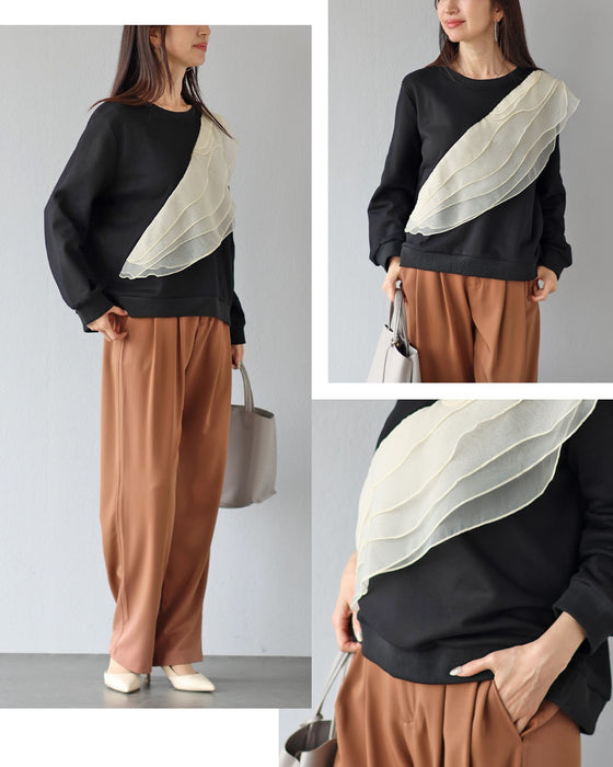 スウェットの新しい品格　フリル付きスウェットトップス