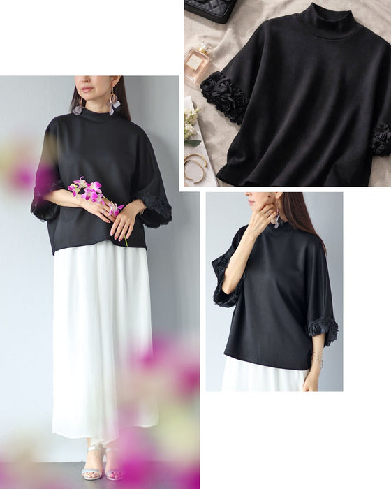 黒なのに華やぐ 立体薔薇の袖トップス