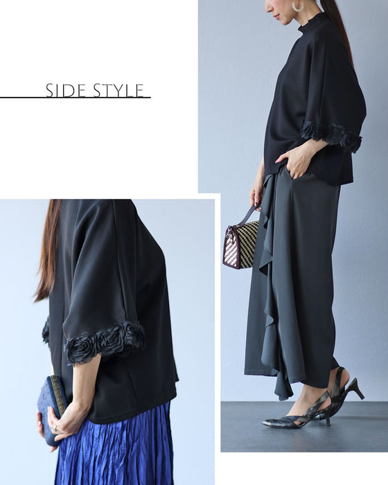 黒なのに華やぐ 立体薔薇の袖トップス