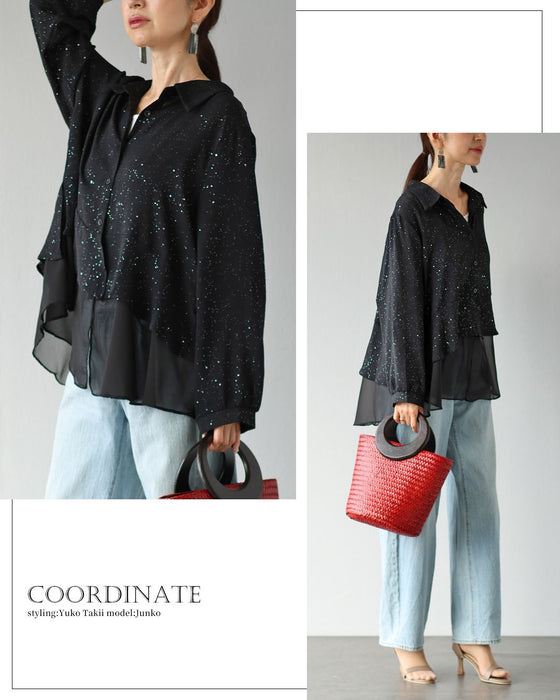 光をまとう、大人の一枚　黒の煌めきブラウス