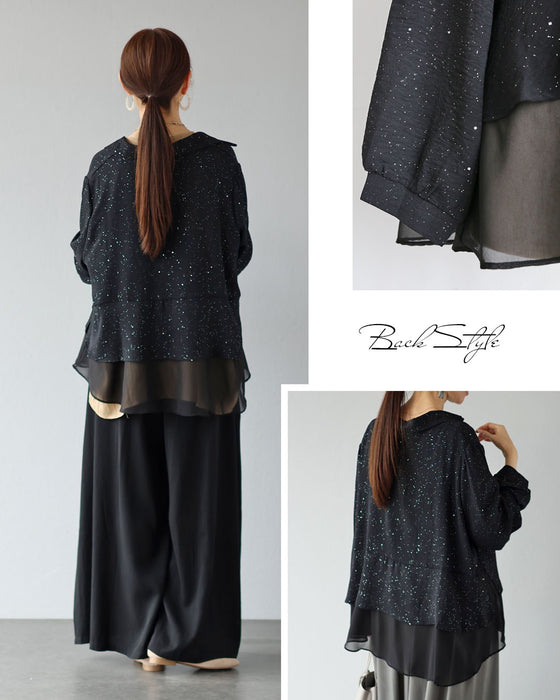 光をまとう、大人の一枚　黒の煌めきブラウス
