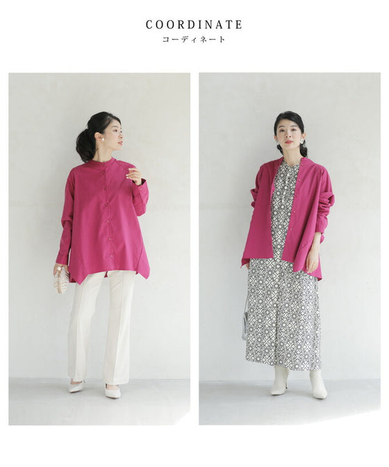 後ろ姿から流れるフリルのカラーシャツトップス