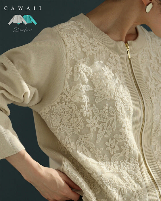オーガンジーに咲く花刺繍のリブニットブルゾン