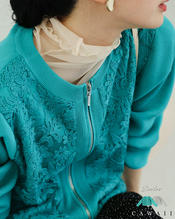 オーガンジーに咲く花刺繍のリブニットブルゾン