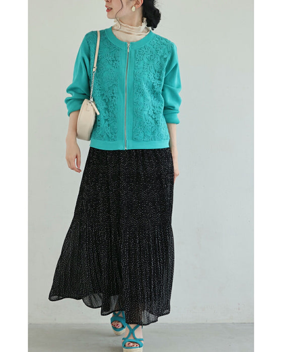 オーガンジーに咲く花刺繍のリブニットブルゾン