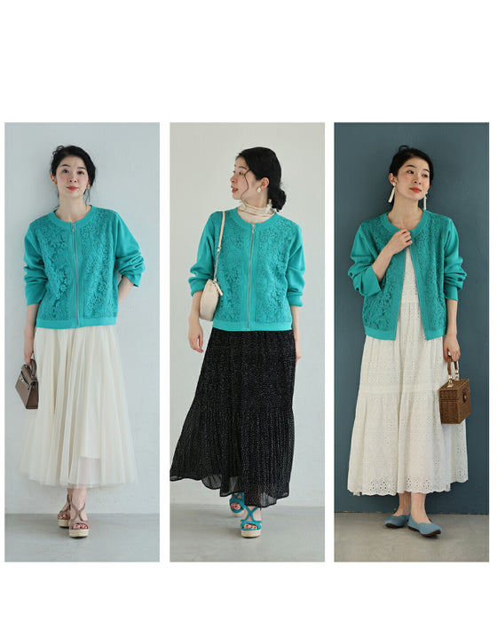 オーガンジーに咲く花刺繍のリブニットブルゾン