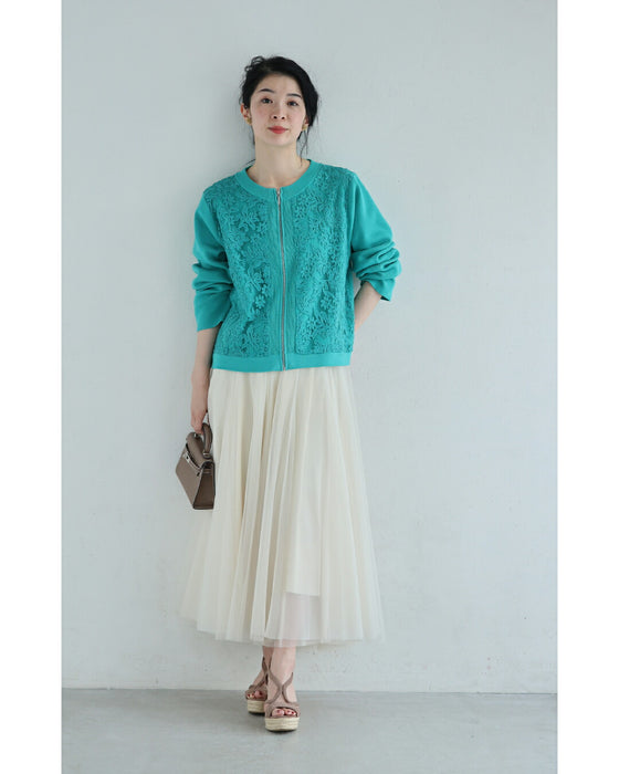 オーガンジーに咲く花刺繍のリブニットブルゾン