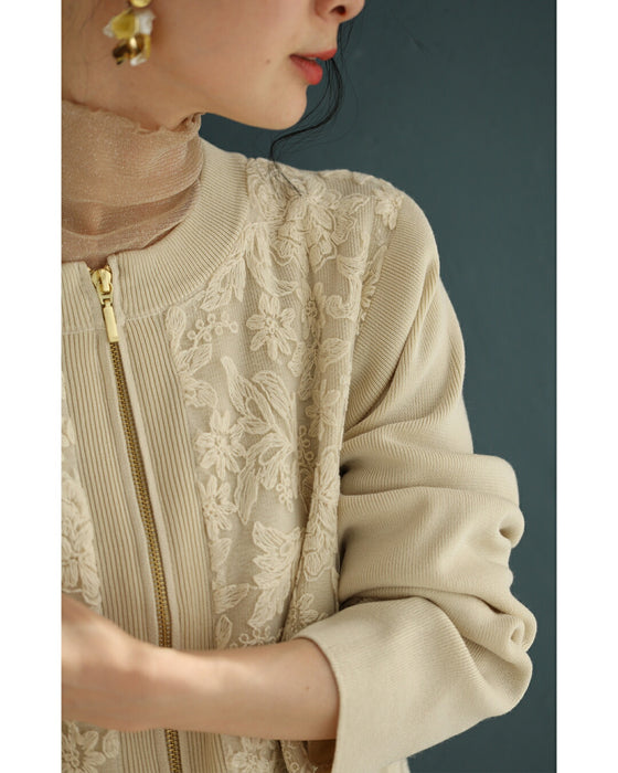 オーガンジーに咲く花刺繍のリブニットブルゾン