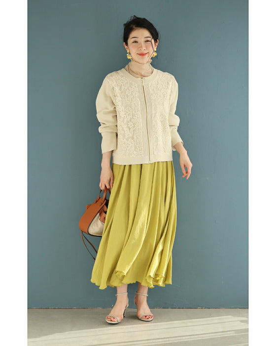 オーガンジーに咲く花刺繍のリブニットブルゾン