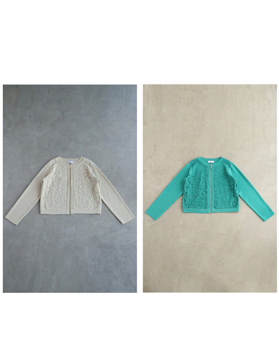 オーガンジーに咲く花刺繍のリブニットブルゾン