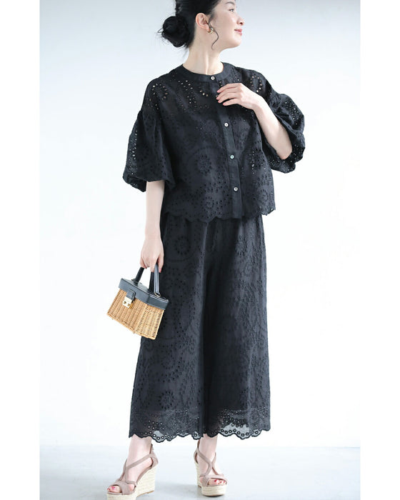 ぽわんとバルーン袖のパンチングレースブラウストップス