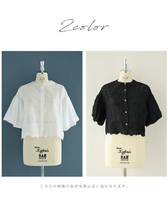 ぽわんとバルーン袖のパンチングレースブラウストップス