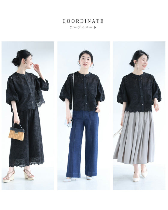 ぽわんとバルーン袖のパンチングレースブラウストップス