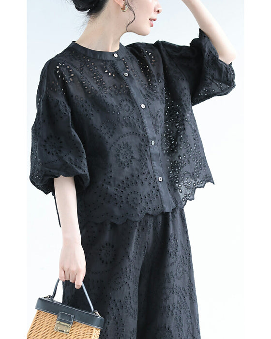 ぽわんとバルーン袖のパンチングレースブラウストップス