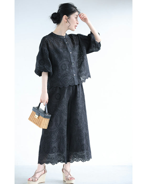 涼しいパンチングレースワイドパンツ