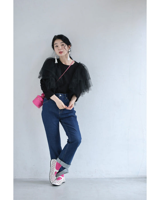 肩から広がるボリュームチュールのカットソートップス