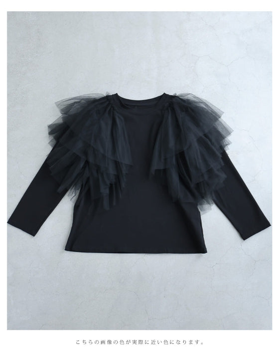 肩から広がるボリュームチュールのカットソートップス