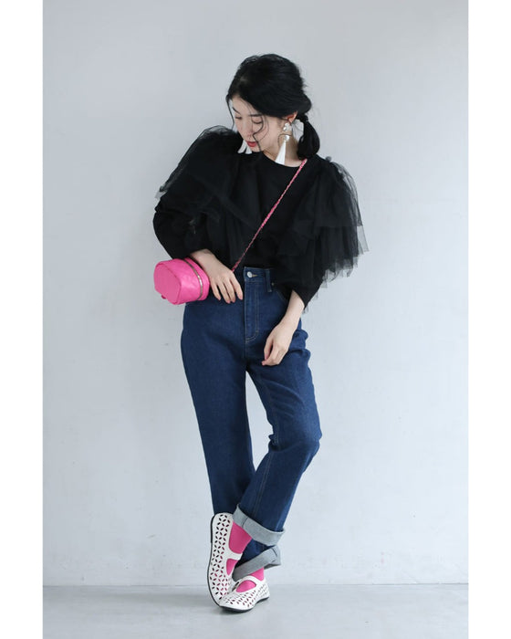 肩から広がるボリュームチュールのカットソートップス