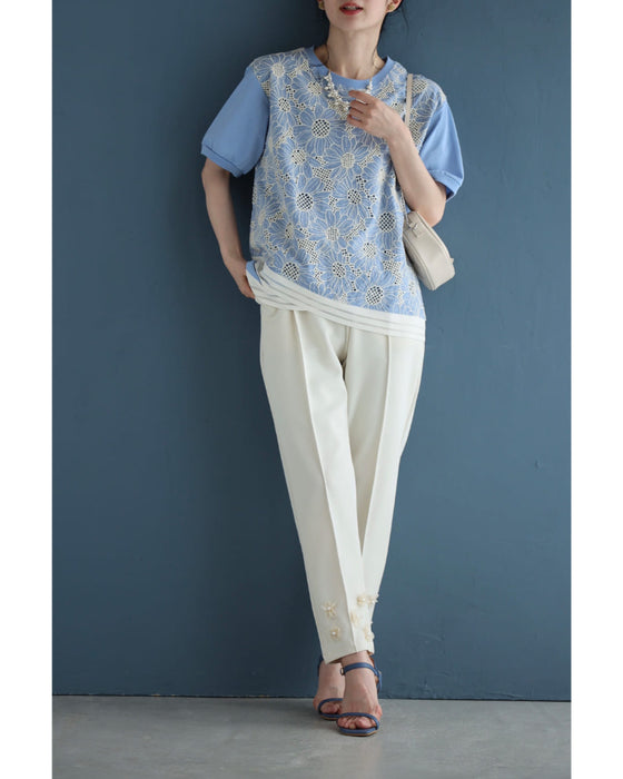 チュールの花が裾に咲くウエストゴムテーパードパンツ