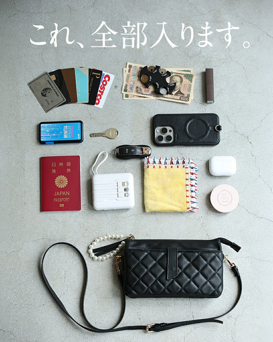 お財布一体型 大容量バッグとミラーの2点セット(パールチャーム・ストラップ付き)