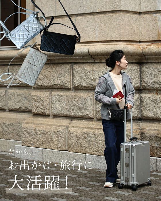 お財布一体型 大容量バッグとミラーの2点セット(パールチャーム・ストラップ付き)
