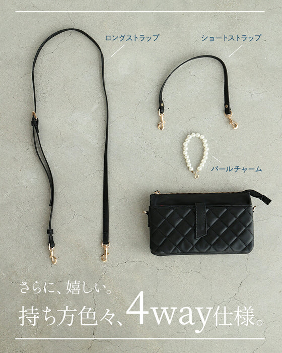お財布一体型 大容量バッグとミラーの2点セット(パールチャーム・ストラップ付き)