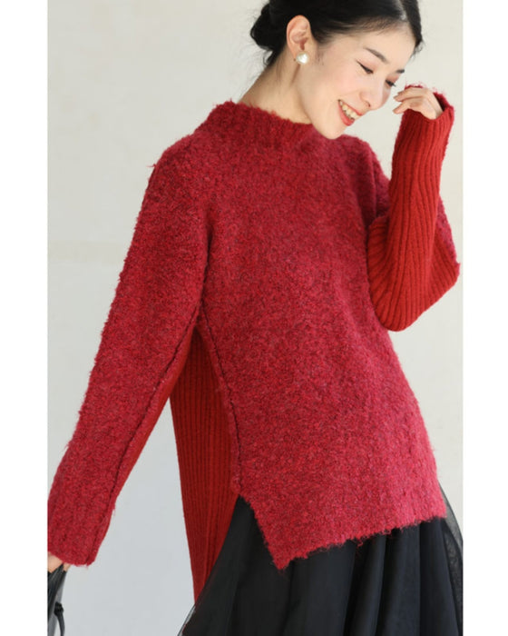 冬の赤を愉しむ。前後異素材ニットプルオーバートップス