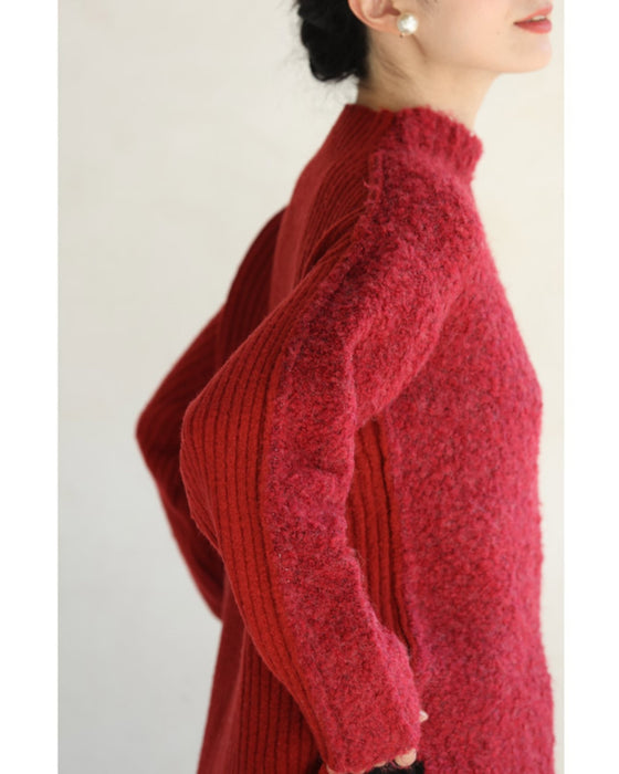冬の赤を愉しむ。前後異素材ニットプルオーバートップス