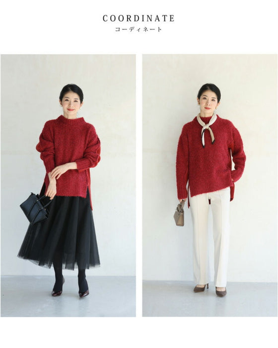 冬の赤を愉しむ。前後異素材ニットプルオーバートップス