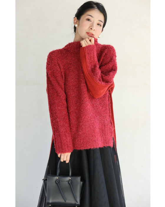 冬の赤を愉しむ。前後異素材ニットプルオーバートップス