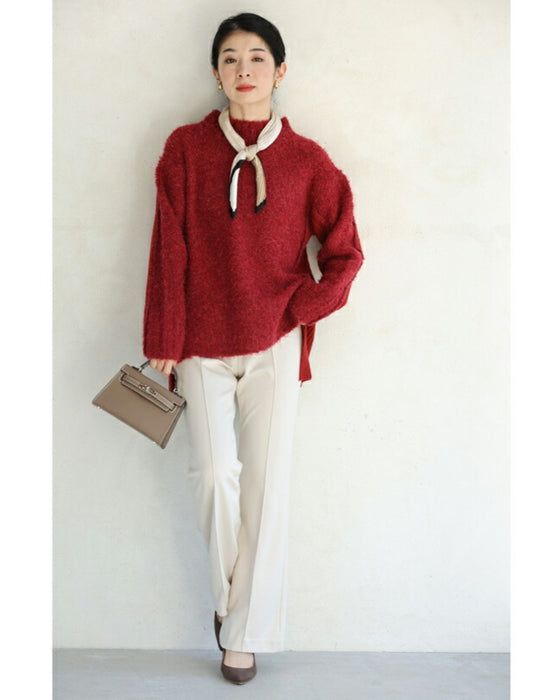 冬の赤を愉しむ。前後異素材ニットプルオーバートップス