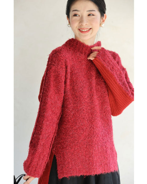 冬の赤を愉しむ。前後異素材ニットプルオーバートップス