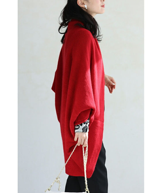 差し色レッドのボレロカーディガン