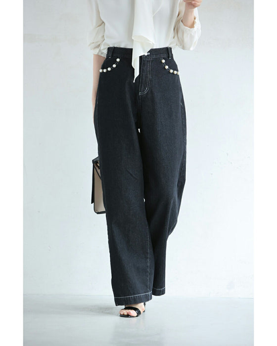 縁取りパールポケットのデニムパンツ