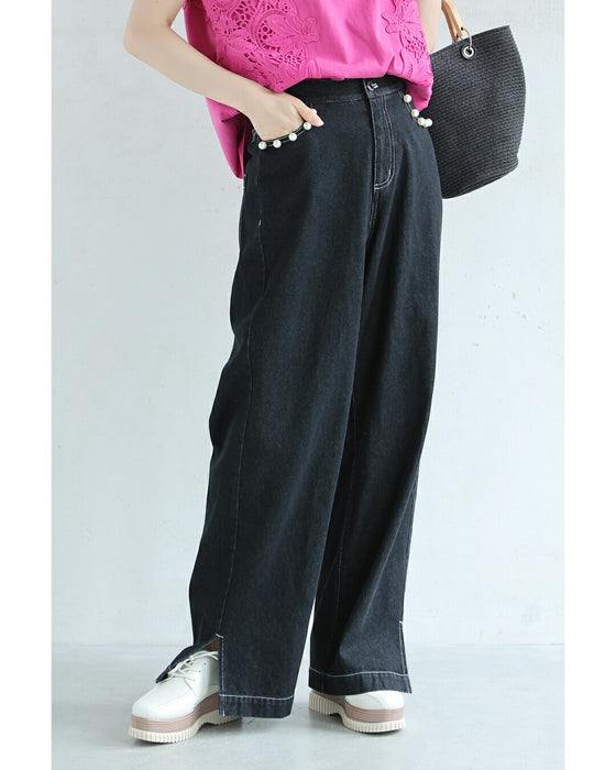 縁取りパールポケットのデニムパンツ