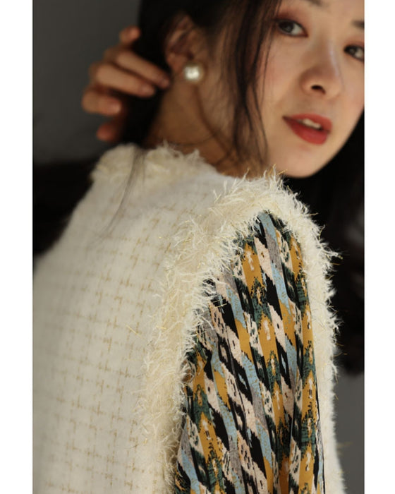 縁取りファーのツイード風デザインニットベスト