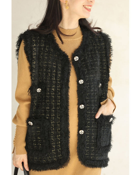 縁取りファーのツイード風デザインニットベスト