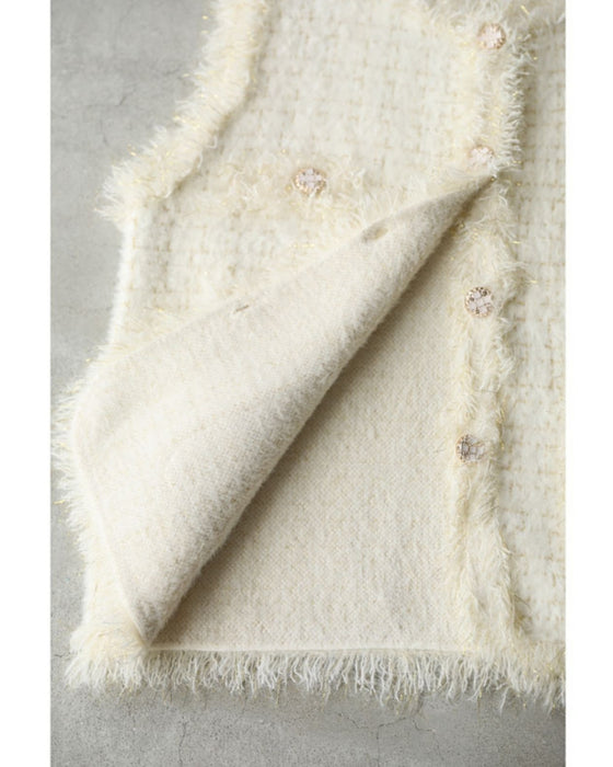 縁取りファーのツイード風デザインニットベスト