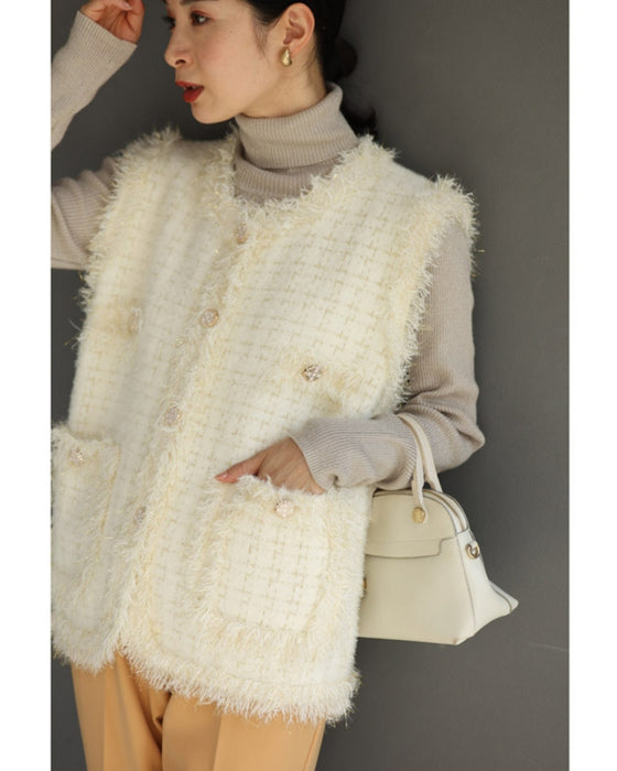 縁取りファーのツイード風デザインニットベスト