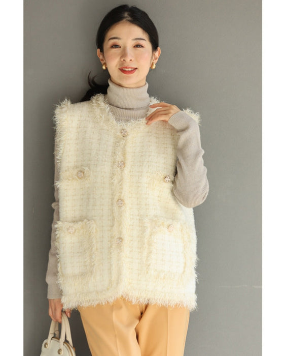 縁取りファーのツイード風デザインニットベスト
