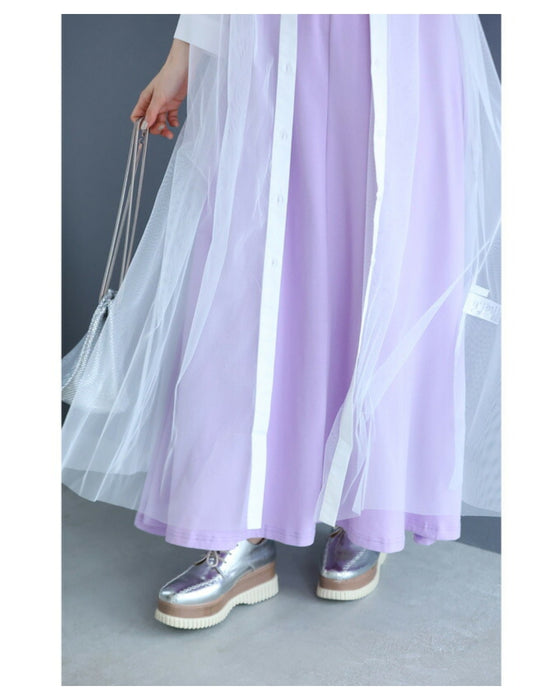 Switching sheer veil long shirt