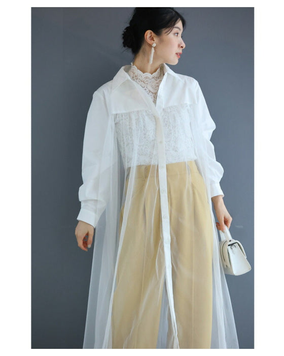 Switching sheer veil long shirt