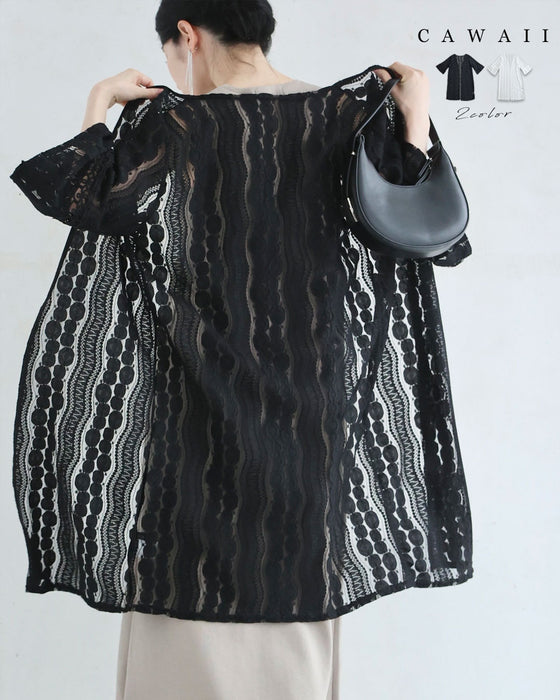 フレア袖の流れるレースラインロングカーディガン