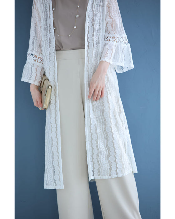 フレア袖の流れるレースラインロングカーディガン