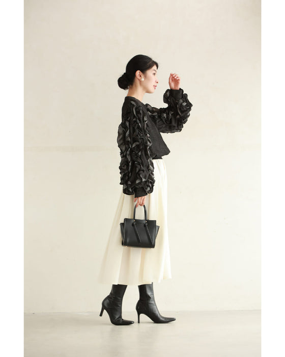 Denim-style shirt top with flowing ruffle sleeves