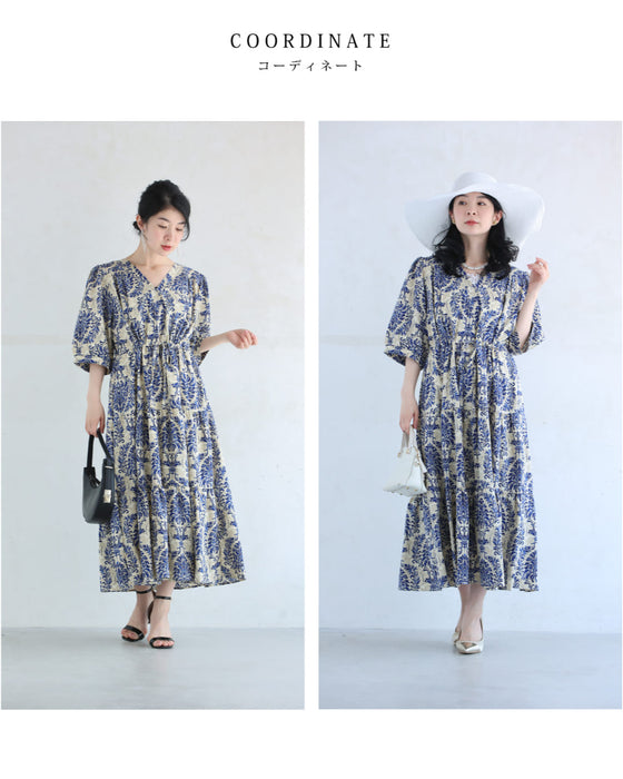 上品なブルーのダマスク柄ティアードミディアムワンピース