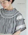 刺繍ラインのふんわり袖ギンガムチェックブラウストップス